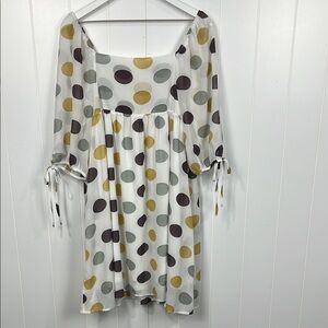 Big Hit Womens Mini Dress L Gold Gray Polka Dot Pattern 1/2 Balloon Sleeves EUC